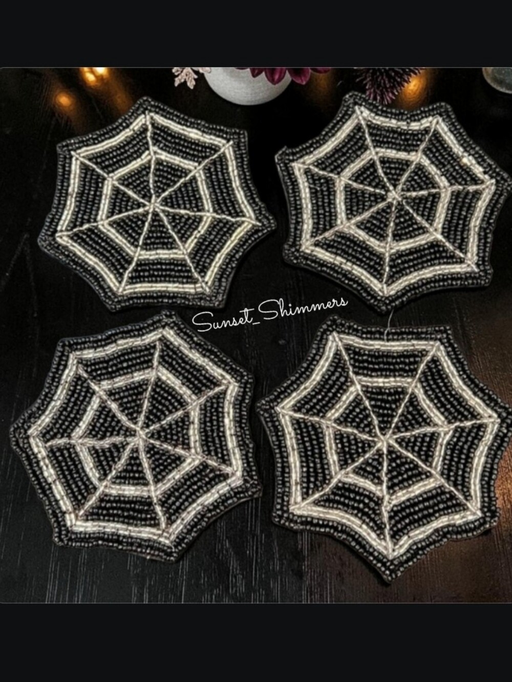 x4 Max Studio Halloween Spiderweb Beaded Drink Cocktail Coaster Set Black Silver